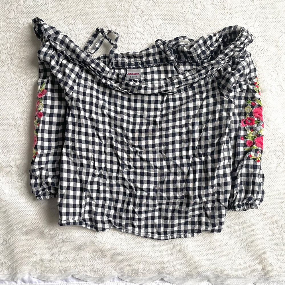 Off-Shoulder Girls Short  Top Plaid Black Size 7